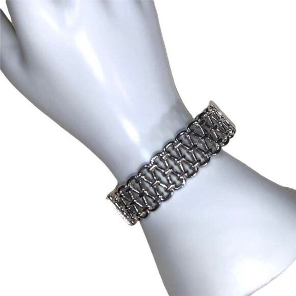 Hinged Woven Cuff Bracelet Statement Jewelry Silver - Picture 11 of 12